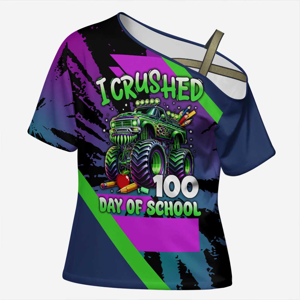 I Crushed 100 Days of School Monster Truck Cross Shoulder Shirt 100th Day Boys - Retro Radiant Pattern