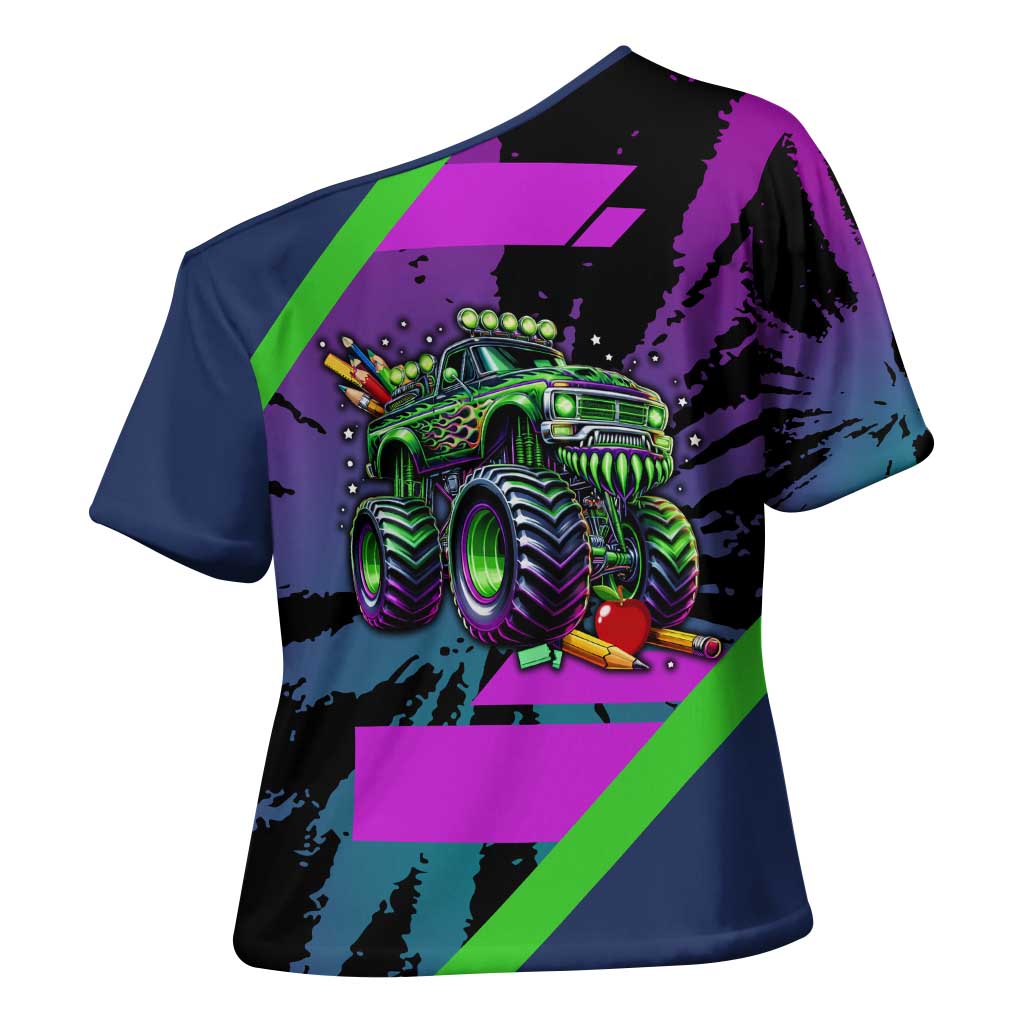 I Crushed 100 Days of School Monster Truck Cross Shoulder Shirt 100th Day Boys - Retro Radiant Pattern