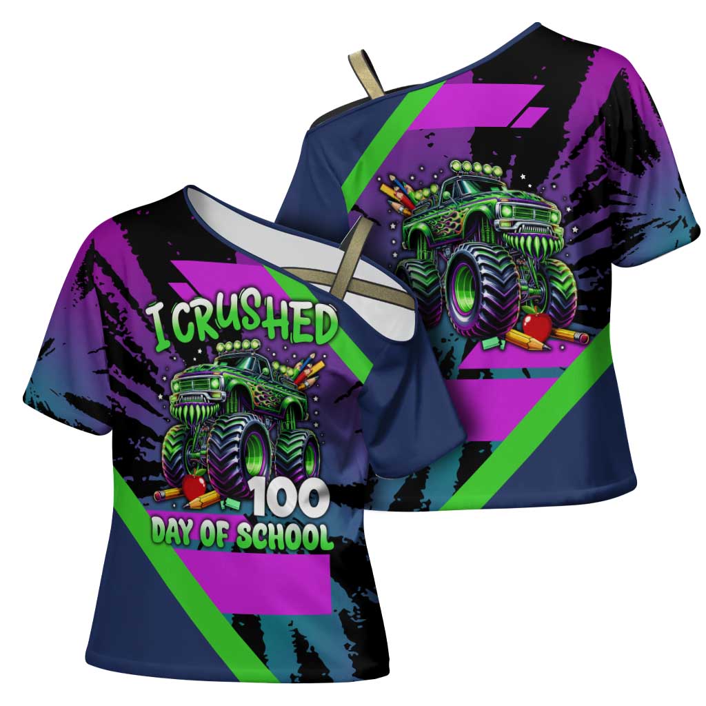 I Crushed 100 Days of School Monster Truck Cross Shoulder Shirt 100th Day Boys - Retro Radiant Pattern