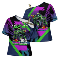 I Crushed 100 Days of School Monster Truck Cross Shoulder Shirt 100th Day Boys - Retro Radiant Pattern