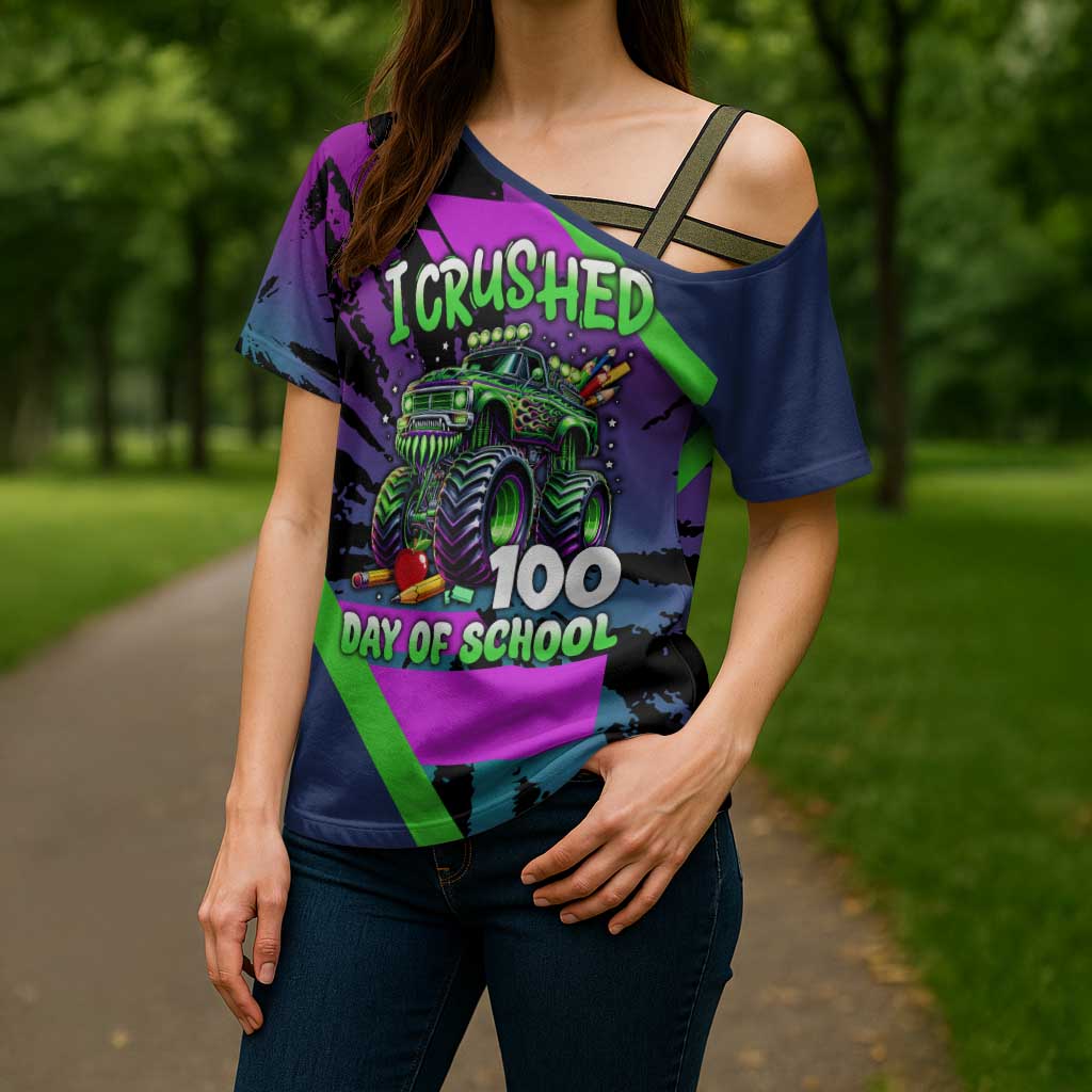I Crushed 100 Days of School Monster Truck Cross Shoulder Shirt 100th Day Boys - Retro Radiant Pattern