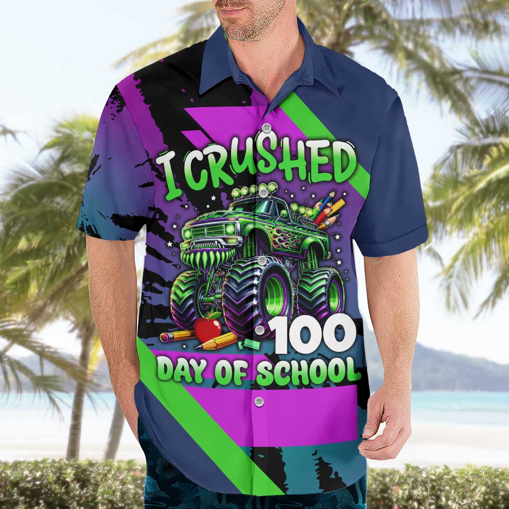 I Crushed 100 Days of School Monster Truck Hawaiian Shirt 100th Day Boys - Retro Radiant Pattern