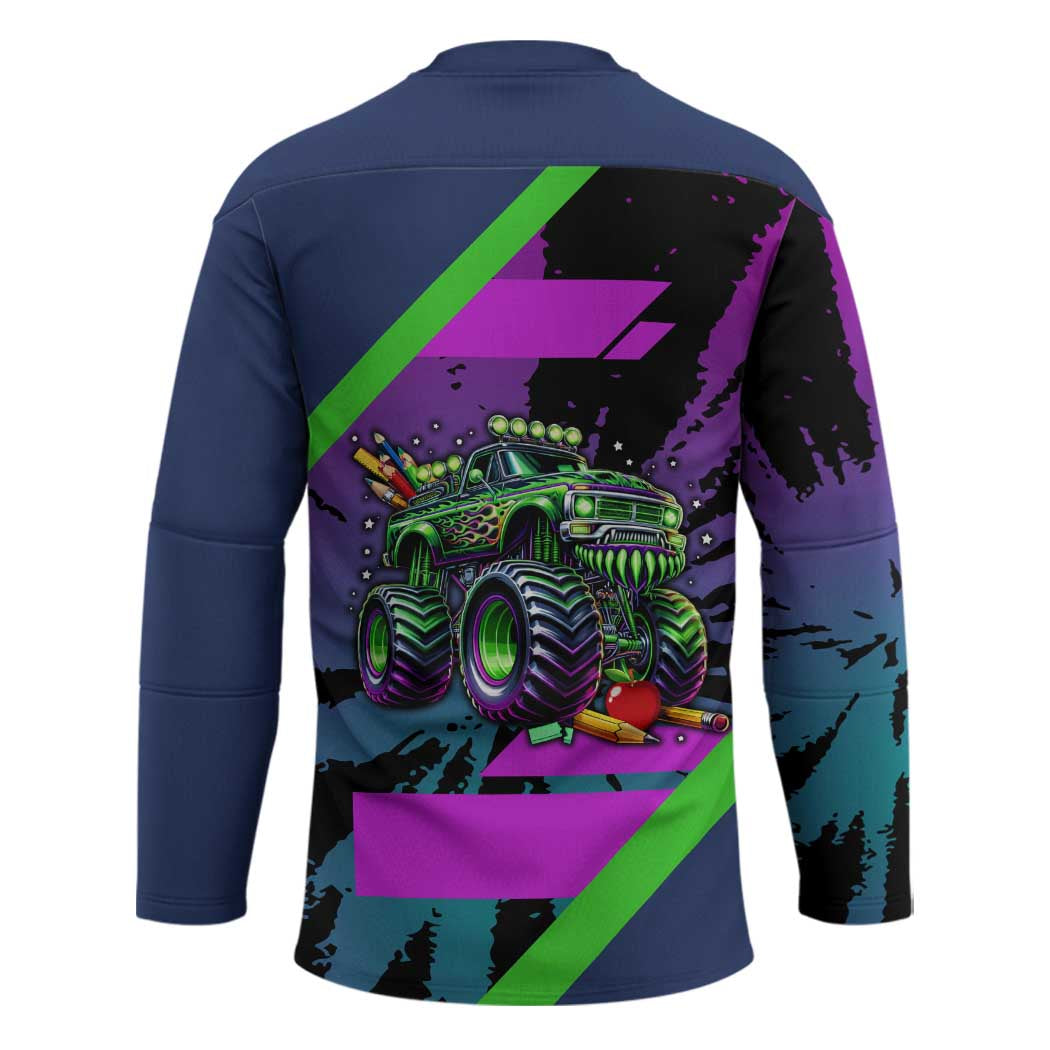 I Crushed 100 Days of School Monster Truck Hockey Jersey 100th Day Boys - Retro Radiant Pattern
