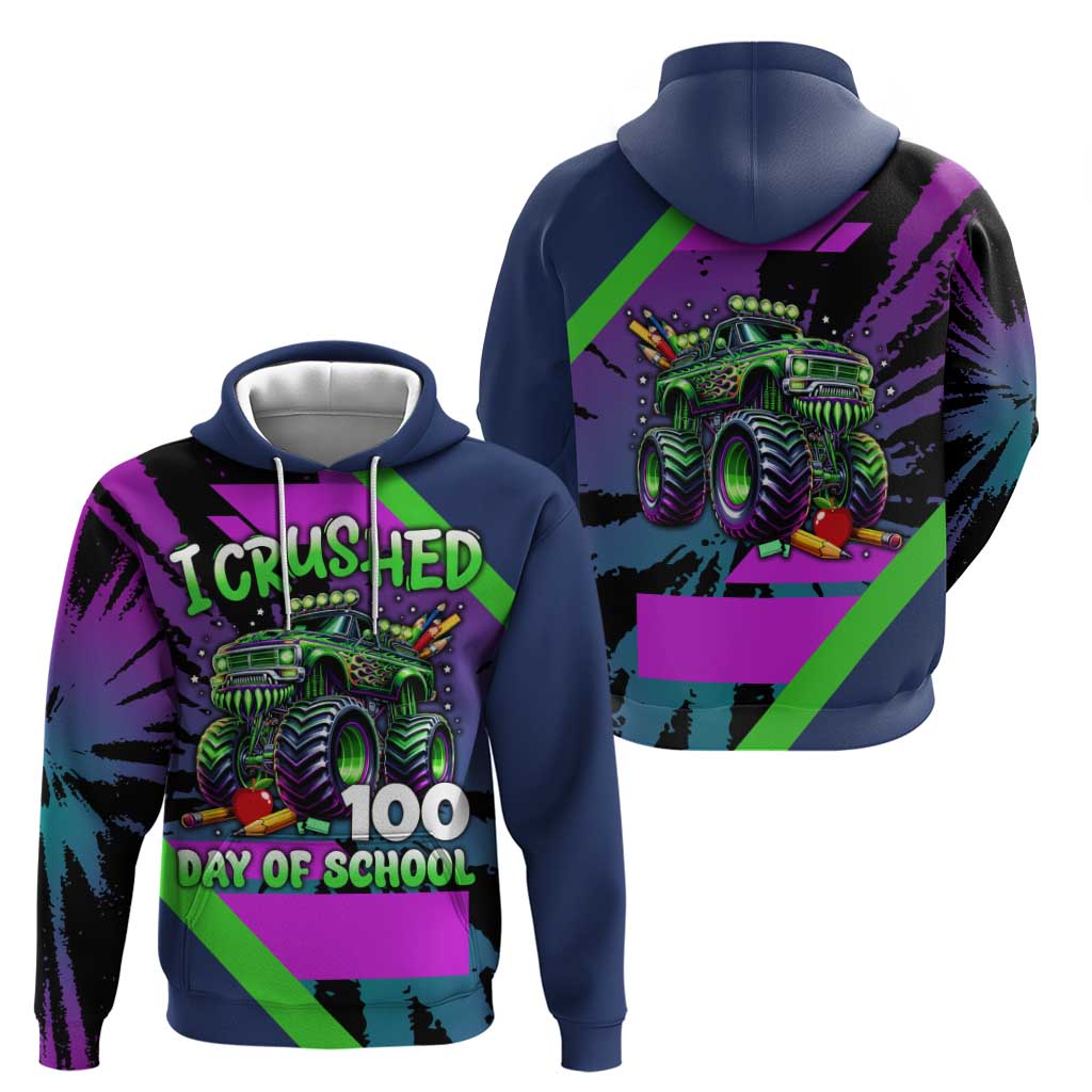 I Crushed 100 Days of School Monster Truck Hoodie 100th Day Boys - Retro Radiant Pattern