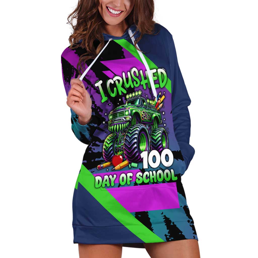 I Crushed 100 Days of School Monster Truck Hoodie Dress 100th Day Boys - Retro Radiant Pattern