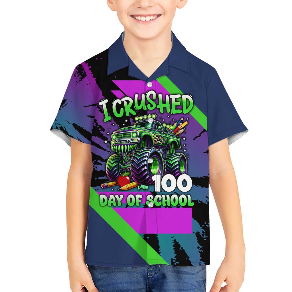 I Crushed 100 Days of School Monster Truck Kid Hawaiian Shirt 100th Day Boys - Retro Radiant Pattern