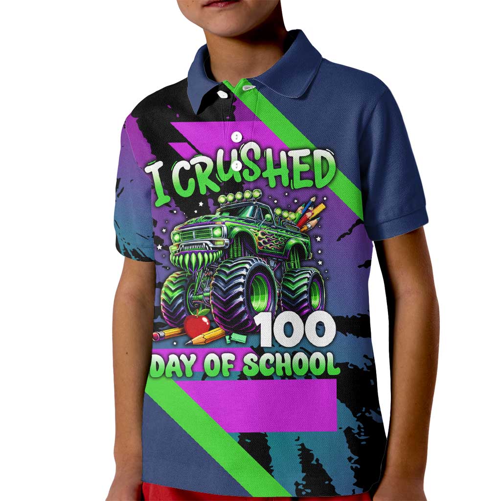 I Crushed 100 Days of School Monster Truck Kid Polo Shirt 100th Day Boys - Retro Radiant Pattern
