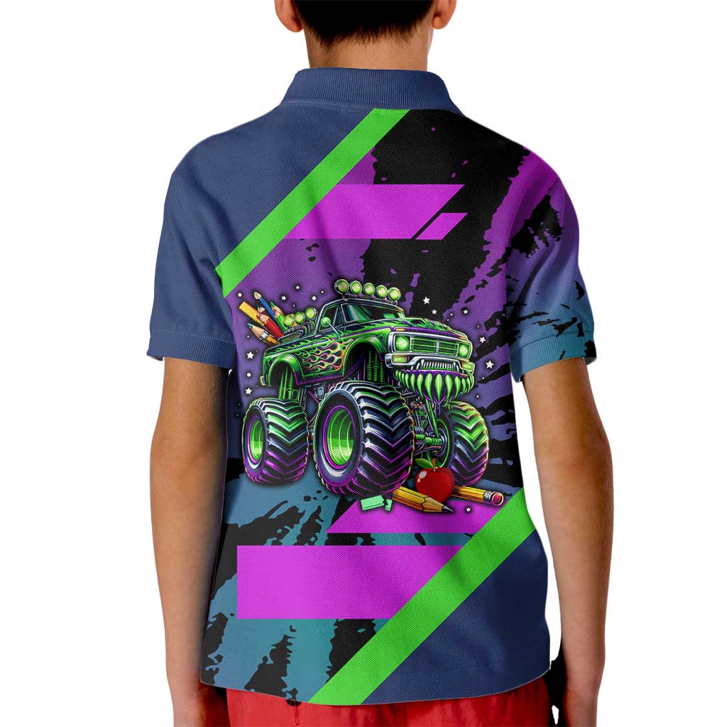 I Crushed 100 Days of School Monster Truck Kid Polo Shirt 100th Day Boys - Retro Radiant Pattern