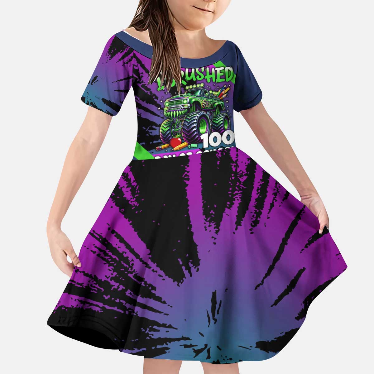 I Crushed 100 Days of School Monster Truck Kid Short Sleeve Dress 100th Day Boys - Retro Radiant Pattern