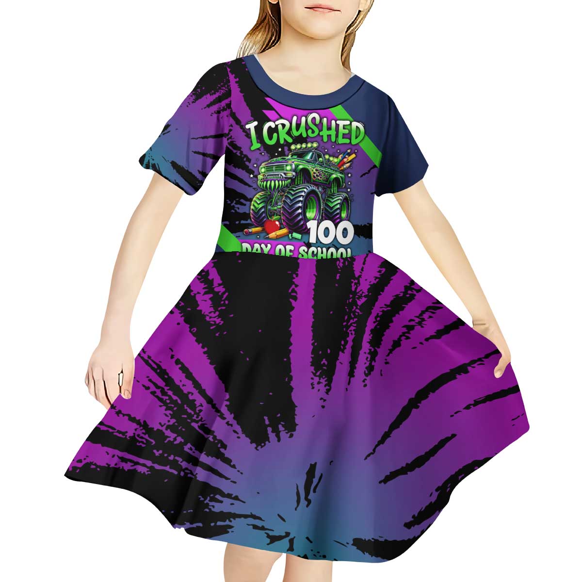 I Crushed 100 Days of School Monster Truck Kid Short Sleeve Dress 100th Day Boys - Retro Radiant Pattern