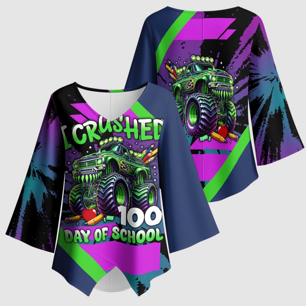I Crushed 100 Days of School Monster Truck Kimono Sleeve Blouse 100th Day Boys - Retro Radiant Pattern
