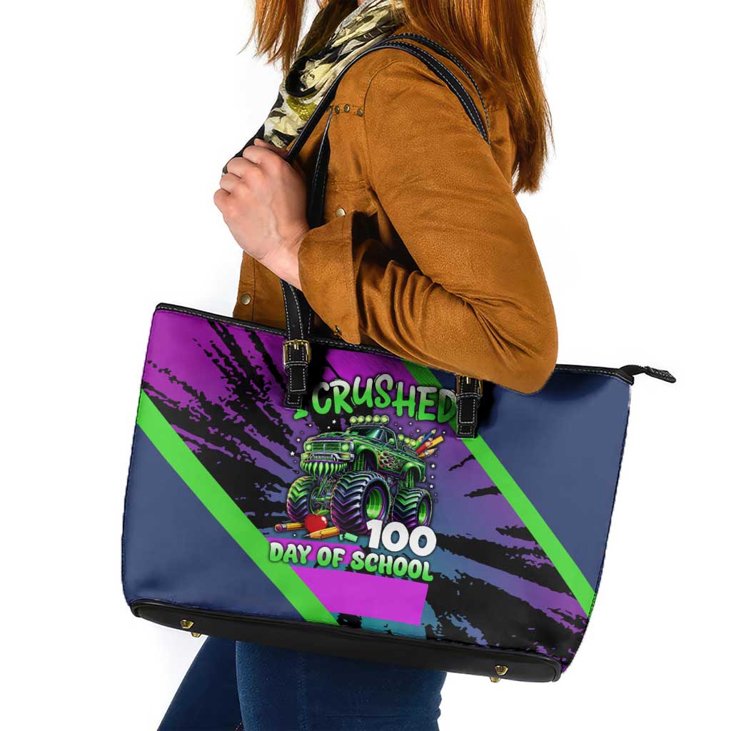 I Crushed 100 Days of School Monster Truck Leather Tote Bag 100th Day Boys - Retro Radiant Pattern