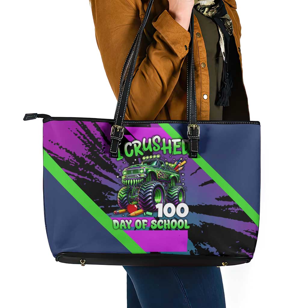 I Crushed 100 Days of School Monster Truck Leather Tote Bag 100th Day Boys - Retro Radiant Pattern