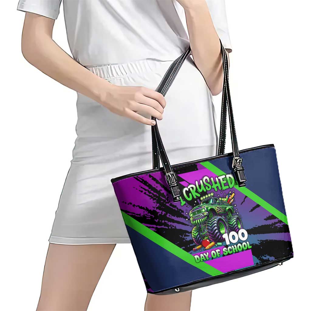 I Crushed 100 Days of School Monster Truck Leather Tote Bag 100th Day Boys - Retro Radiant Pattern