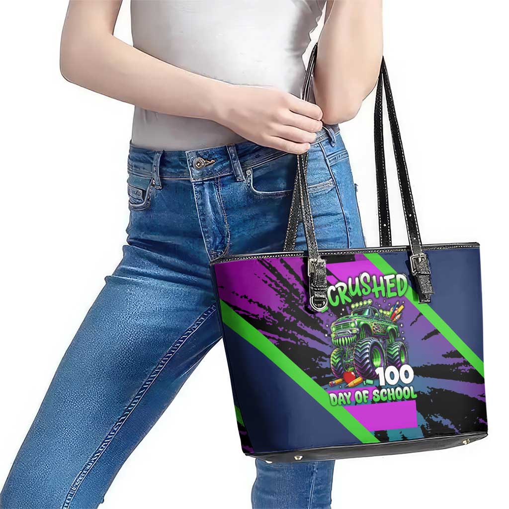 I Crushed 100 Days of School Monster Truck Leather Tote Bag 100th Day Boys - Retro Radiant Pattern