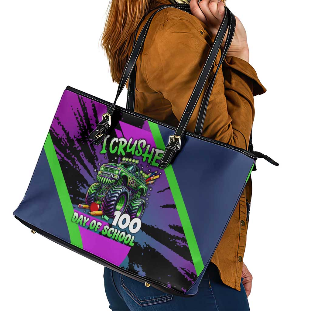 I Crushed 100 Days of School Monster Truck Leather Tote Bag 100th Day Boys - Retro Radiant Pattern