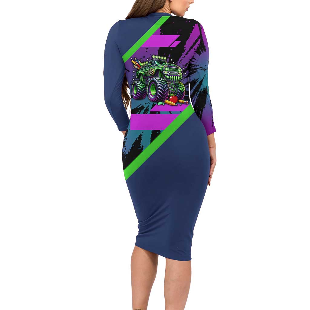 I Crushed 100 Days of School Monster Truck Long Sleeve Bodycon Dress 100th Day Boys - Retro Radiant Pattern