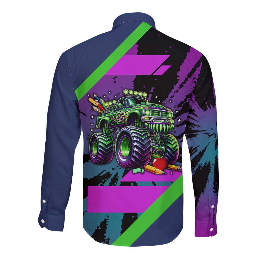 I Crushed 100 Days of School Monster Truck Long Sleeve Button Shirt 100th Day Boys - Retro Radiant Pattern