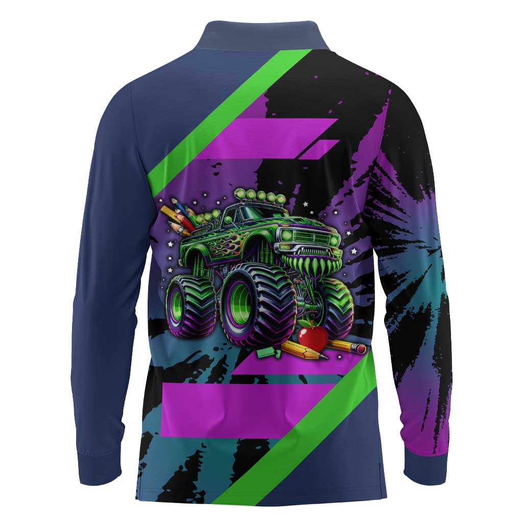 I Crushed 100 Days of School Monster Truck Long Sleeve Polo Shirt 100th Day Boys - Retro Radiant Pattern