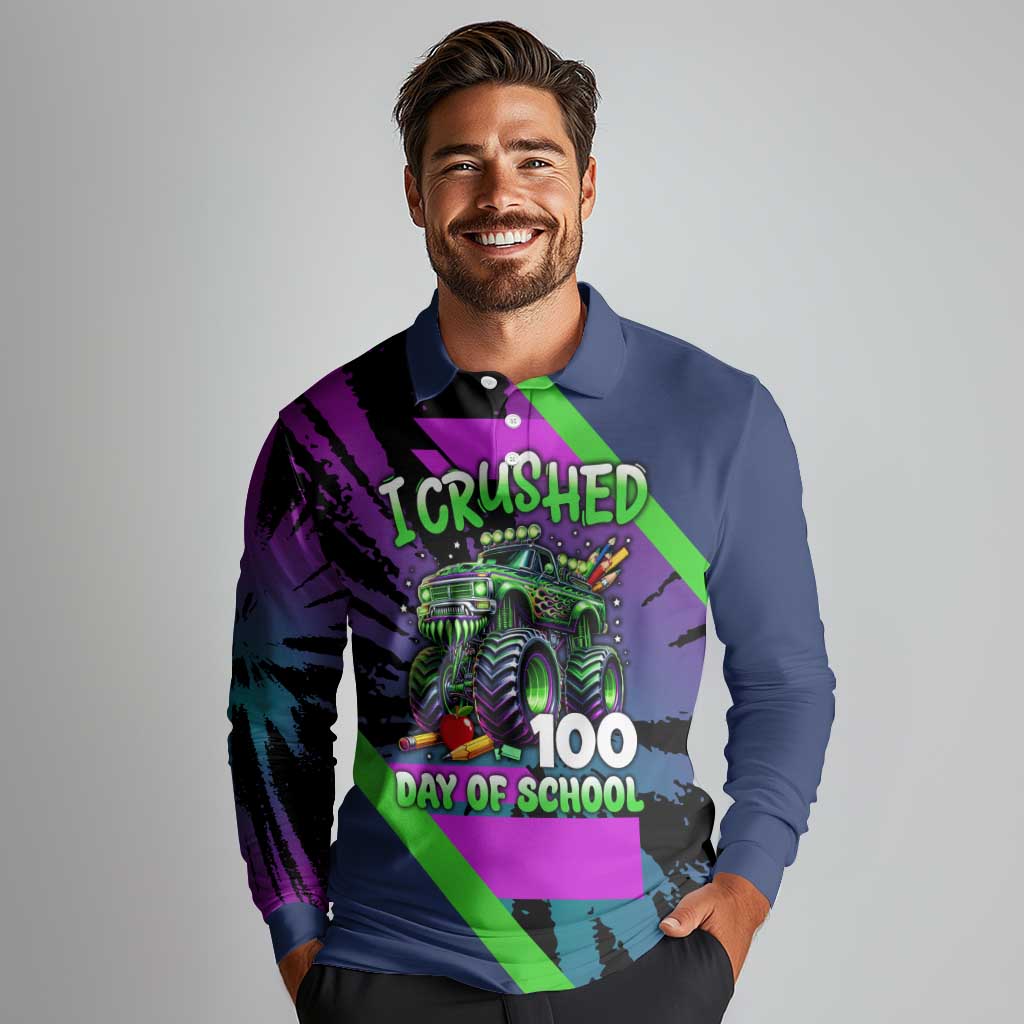 I Crushed 100 Days of School Monster Truck Long Sleeve Polo Shirt 100th Day Boys - Retro Radiant Pattern