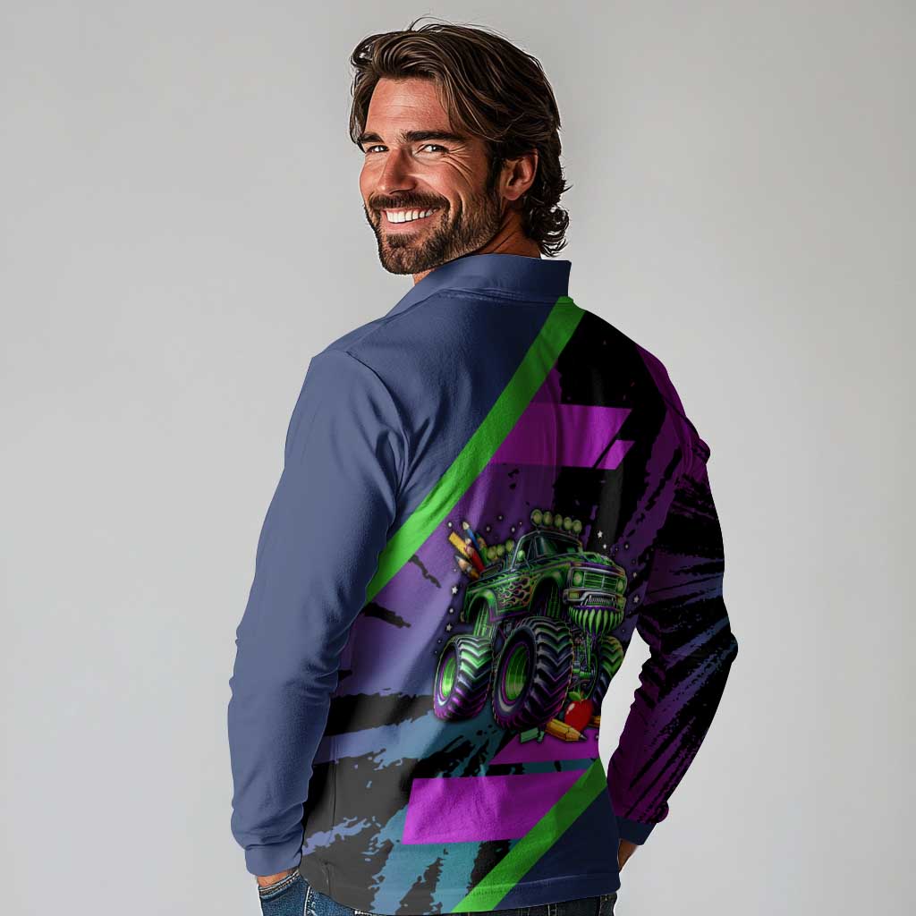 I Crushed 100 Days of School Monster Truck Long Sleeve Polo Shirt 100th Day Boys - Retro Radiant Pattern