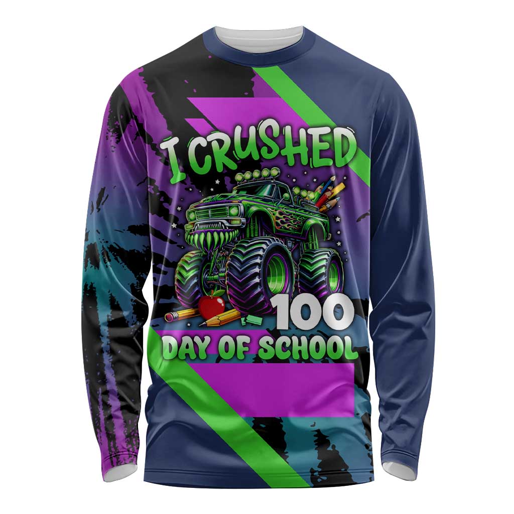 I Crushed 100 Days of School Monster Truck Long Sleeve Shirt 100th Day Boys - Retro Radiant Pattern