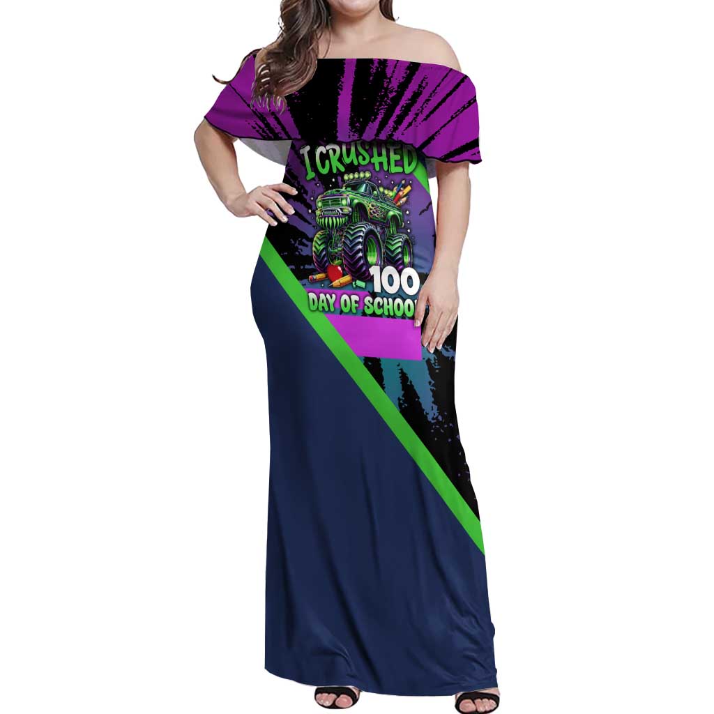 I Crushed 100 Days of School Monster Truck Off Shoulder Maxi Dress 100th Day Boys - Retro Radiant Pattern