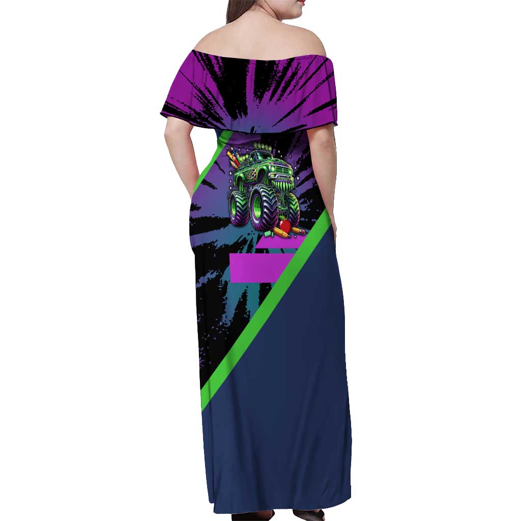 I Crushed 100 Days of School Monster Truck Off Shoulder Maxi Dress 100th Day Boys - Retro Radiant Pattern