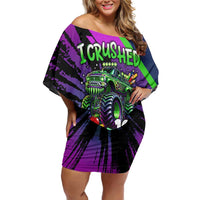 I Crushed 100 Days of School Monster Truck Off Shoulder Short Dress 100th Day Boys - Retro Radiant Pattern