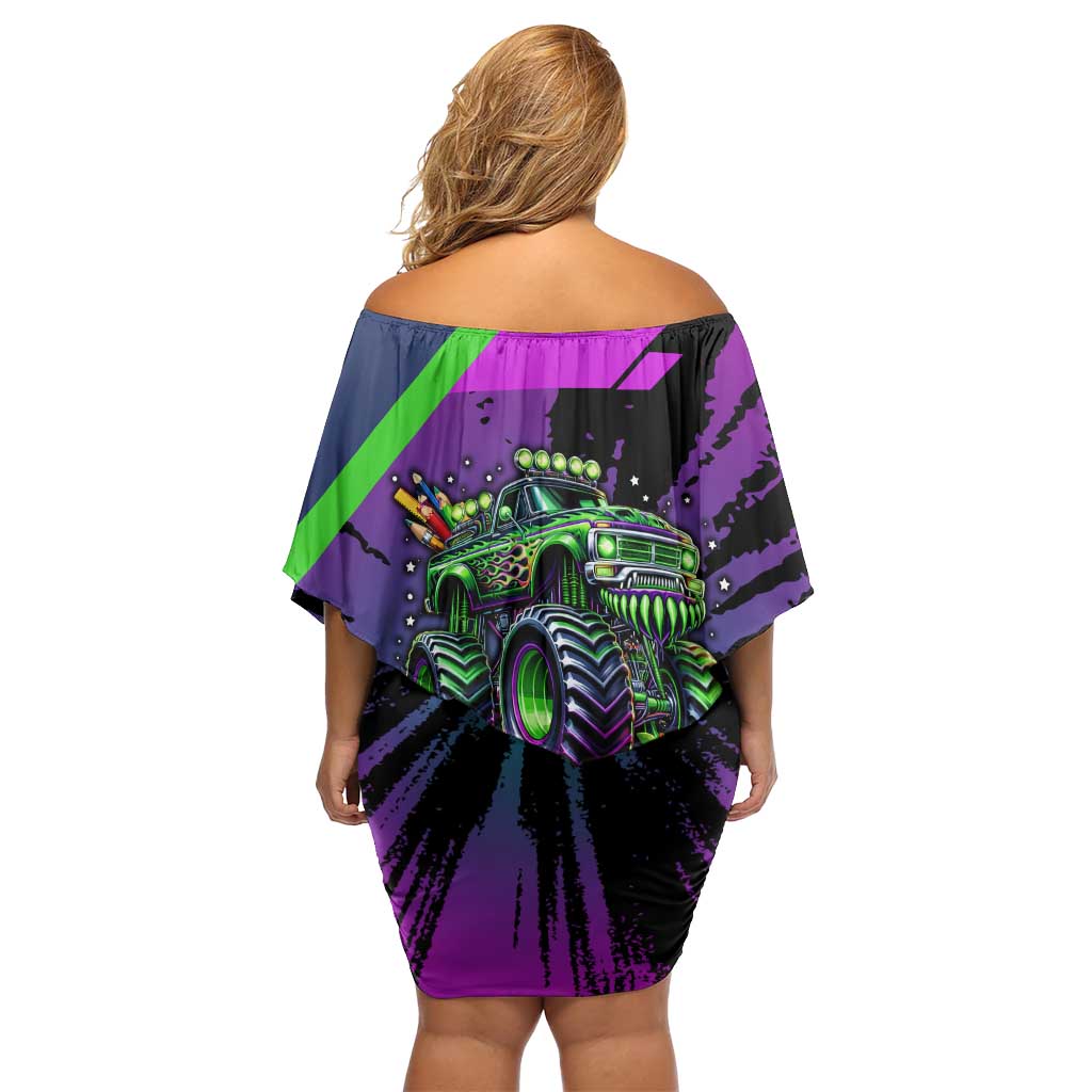 I Crushed 100 Days of School Monster Truck Off Shoulder Short Dress 100th Day Boys - Retro Radiant Pattern