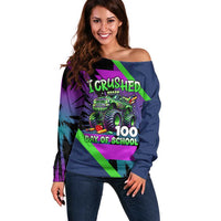 I Crushed 100 Days of School Monster Truck Off Shoulder Sweater 100th Day Boys - Retro Radiant Pattern