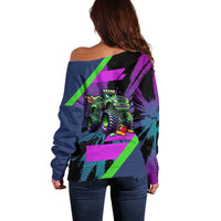 I Crushed 100 Days of School Monster Truck Off Shoulder Sweater 100th Day Boys - Retro Radiant Pattern