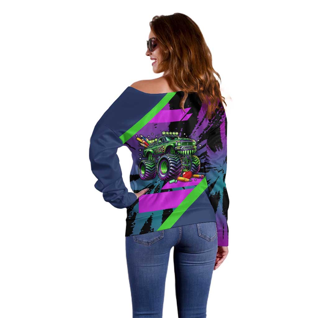 I Crushed 100 Days of School Monster Truck Off Shoulder Sweater 100th Day Boys - Retro Radiant Pattern