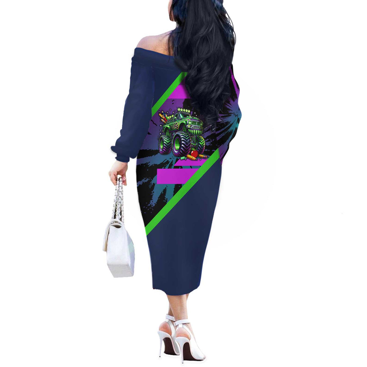 I Crushed 100 Days of School Monster Truck Off The Shoulder Long Sleeve Dress 100th Day Boys - Retro Radiant Pattern