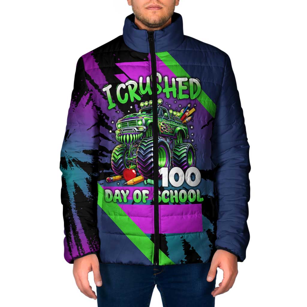 I Crushed 100 Days of School Monster Truck Padded Jacket 100th Day Boys - Retro Radiant Pattern