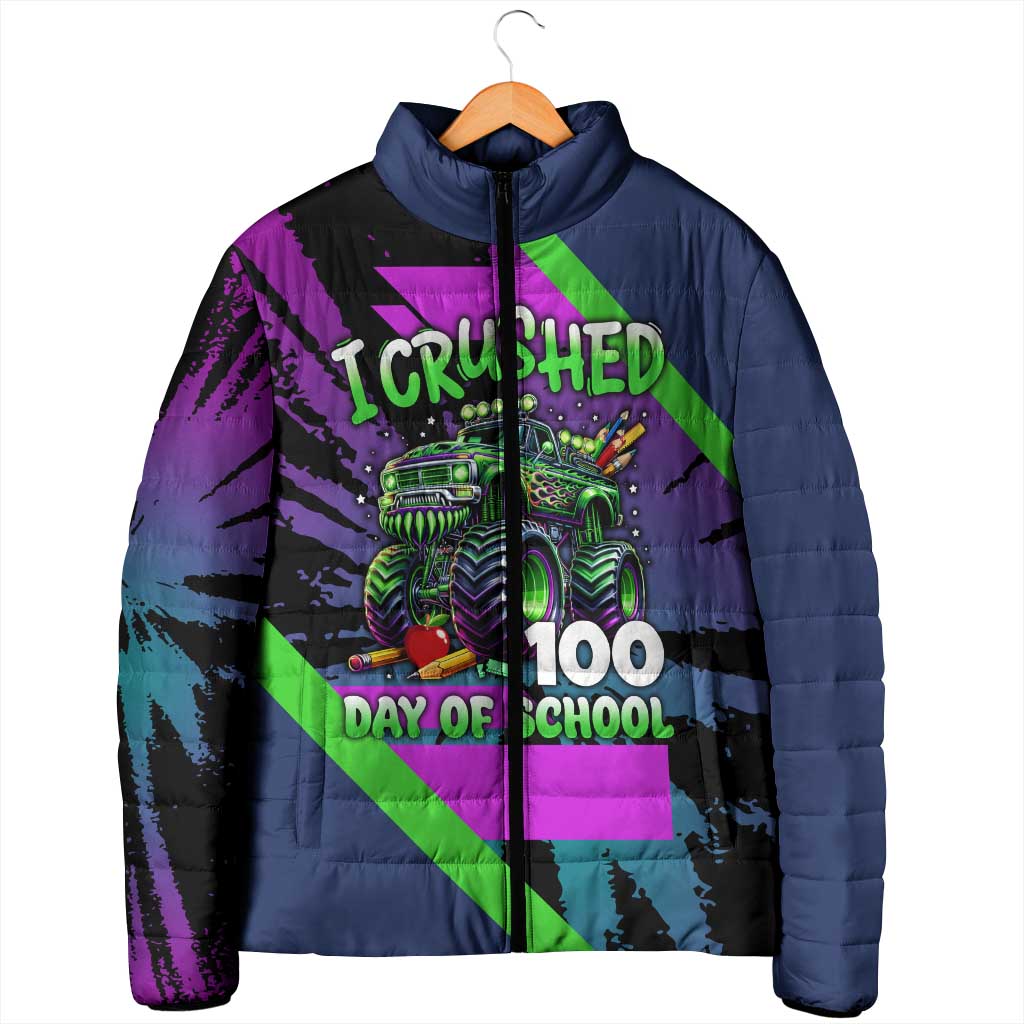 I Crushed 100 Days of School Monster Truck Padded Jacket 100th Day Boys - Retro Radiant Pattern
