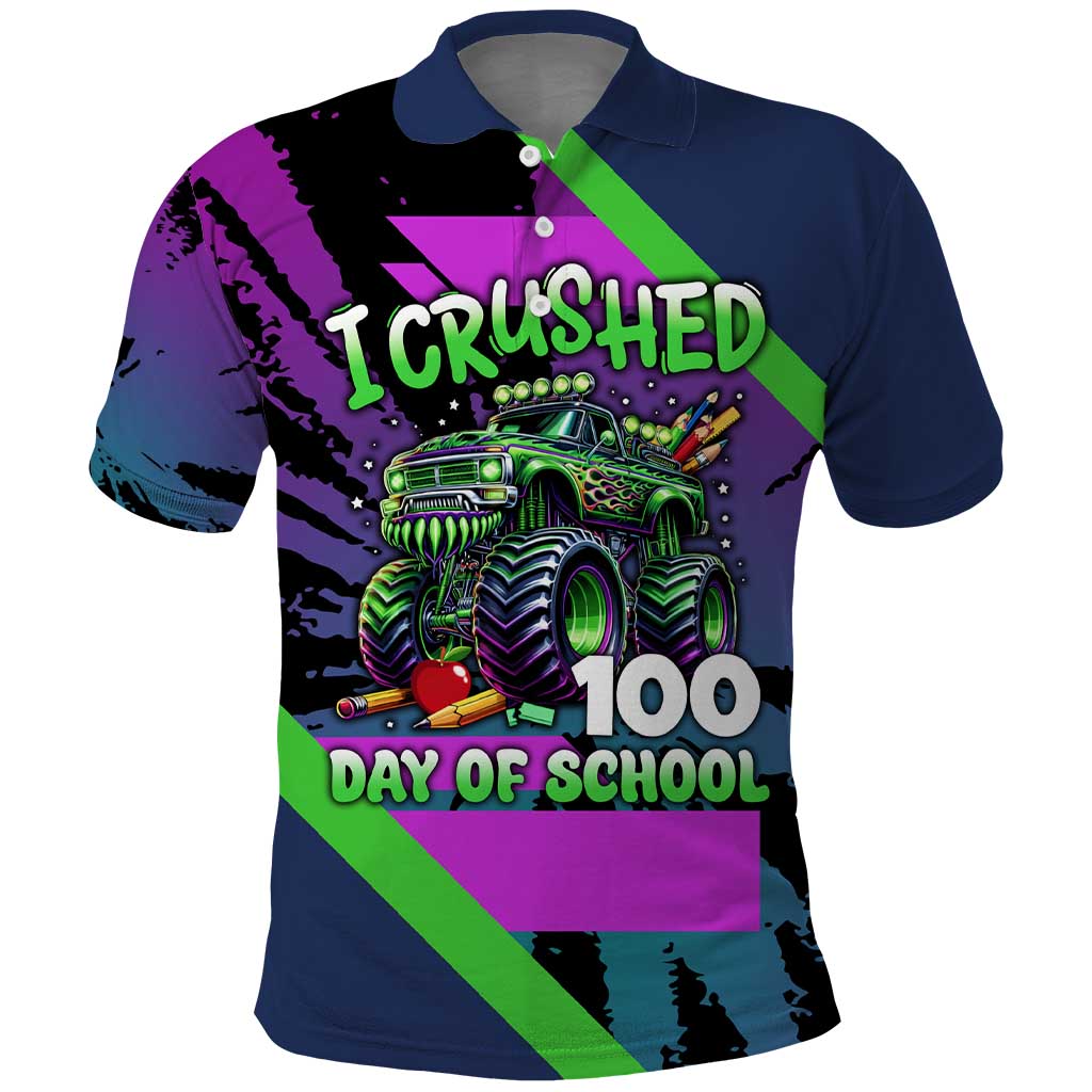 I Crushed 100 Days of School Monster Truck Polo Shirt 100th Day Boys - Retro Radiant Pattern