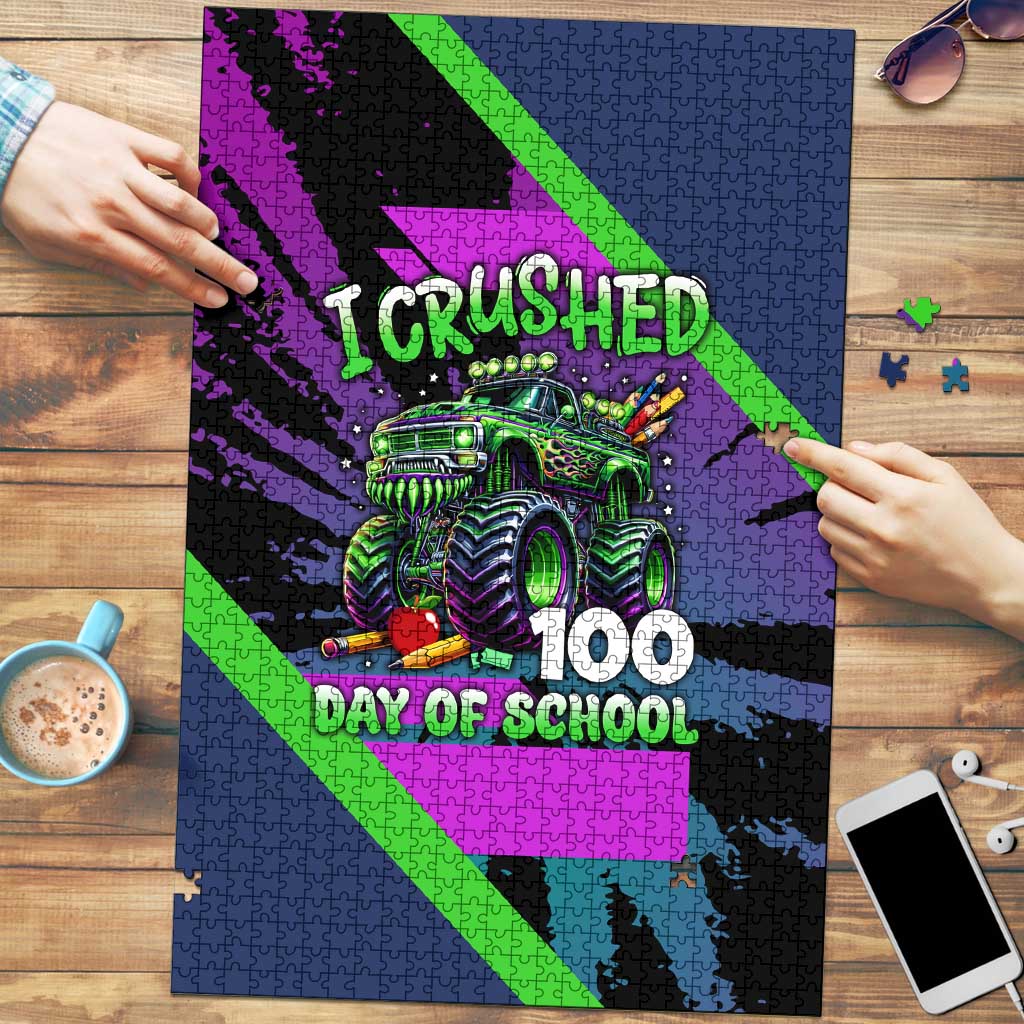 I Crushed 100 Days of School Monster Truck Puzzle 100th Day Boys - Retro Radiant Pattern