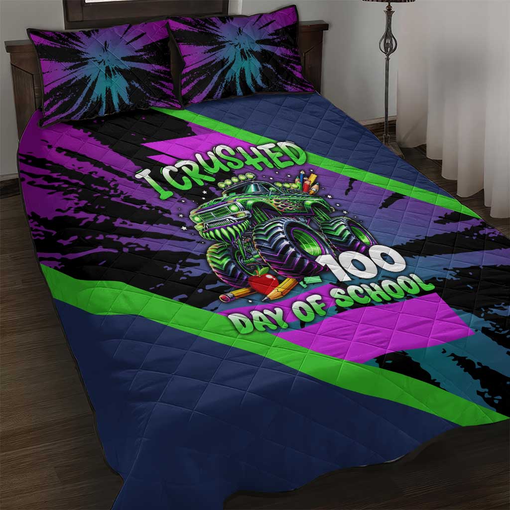 I Crushed 100 Days of School Monster Truck Quilt Bed Set 100th Day Boys - Retro Radiant Pattern