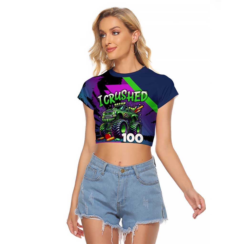 I Crushed 100 Days of School Monster Truck Raglan Cropped T Shirt 100th Day Boys - Retro Radiant Pattern