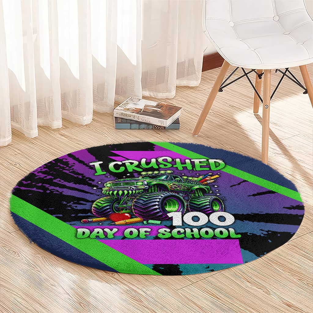 I Crushed 100 Days of School Monster Truck Round Carpet 100th Day Boys - Retro Radiant Pattern