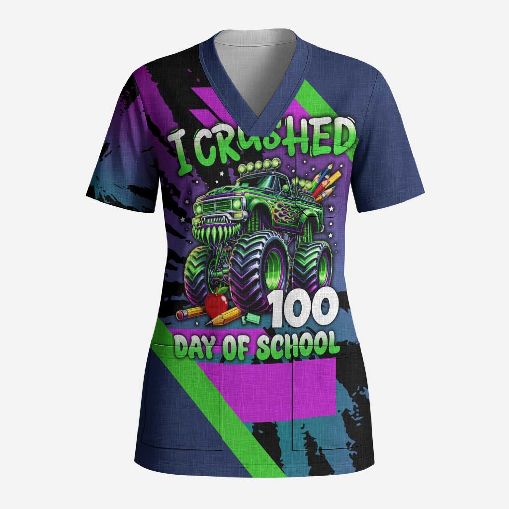 I Crushed 100 Days of School Monster Truck Scrub Top 100th Day Boys - Retro Radiant Pattern
