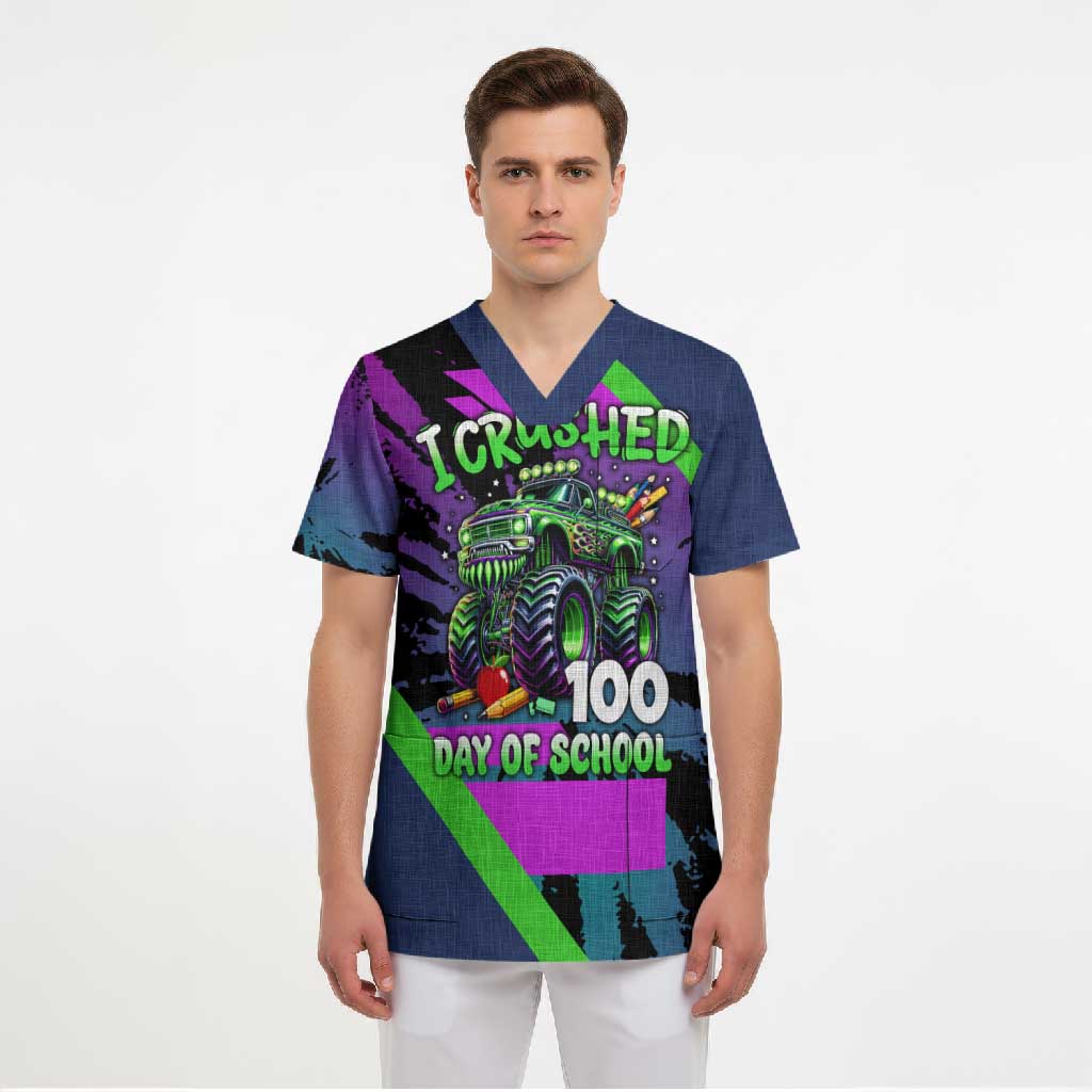 I Crushed 100 Days of School Monster Truck Scrub Top 100th Day Boys - Retro Radiant Pattern