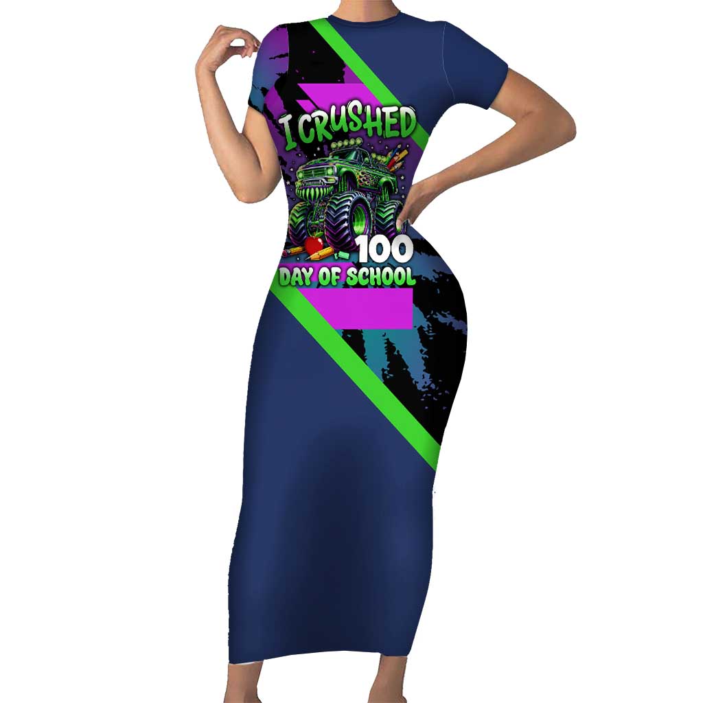 I Crushed 100 Days of School Monster Truck Short Sleeve Bodycon Dress 100th Day Boys - Retro Radiant Pattern