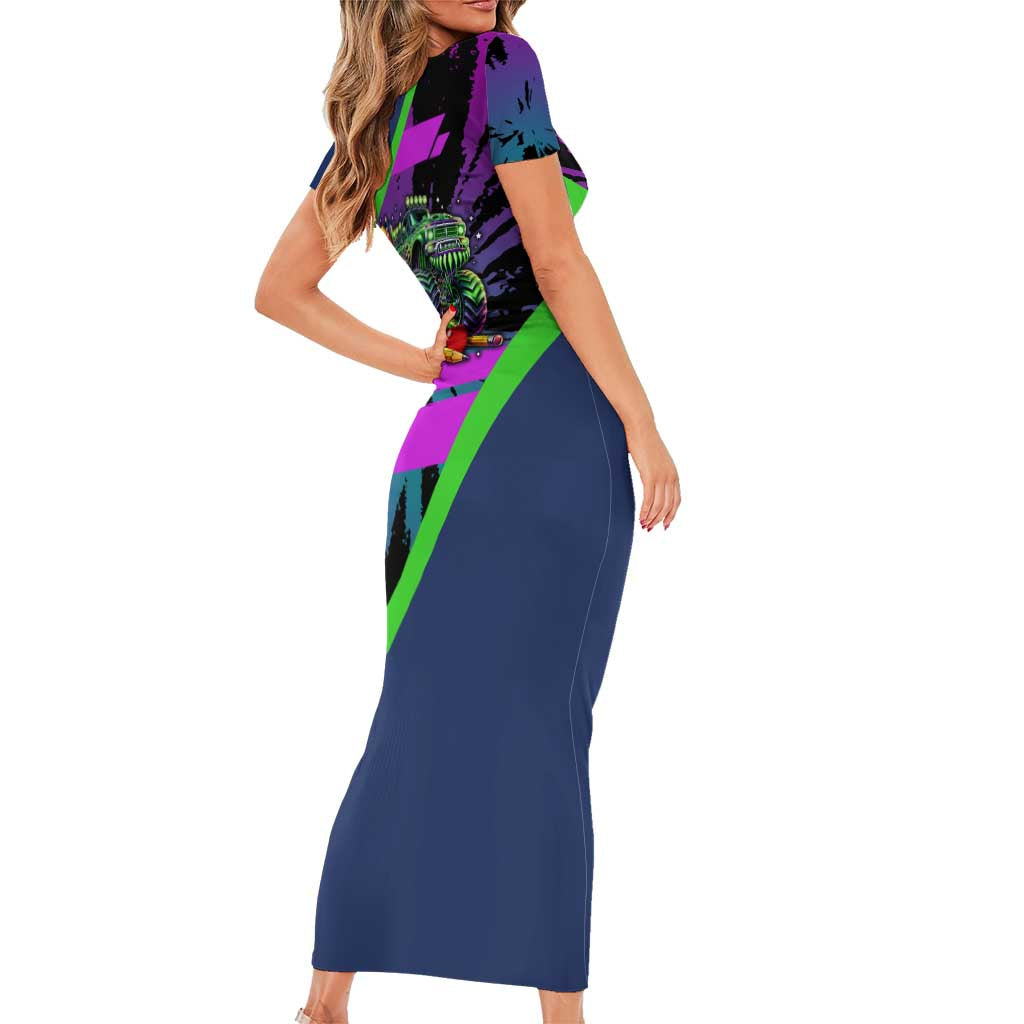 I Crushed 100 Days of School Monster Truck Short Sleeve Bodycon Dress 100th Day Boys - Retro Radiant Pattern