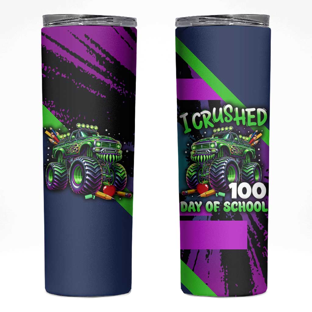 I Crushed 100 Days of School Monster Truck Skinny Tumbler 100th Day Boys - Retro Radiant Pattern