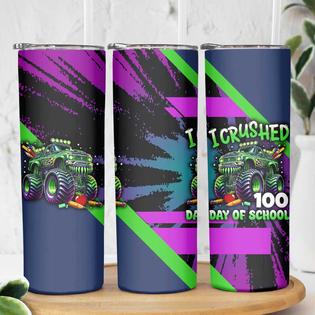 I Crushed 100 Days of School Monster Truck Skinny Tumbler 100th Day Boys - Retro Radiant Pattern