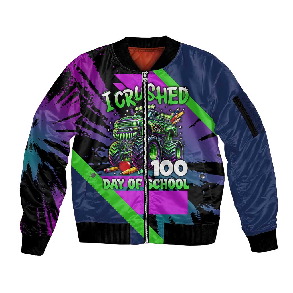 I Crushed 100 Days of School Monster Truck Sleeve Zip Bomber Jacket 100th Day Boys - Retro Radiant Pattern