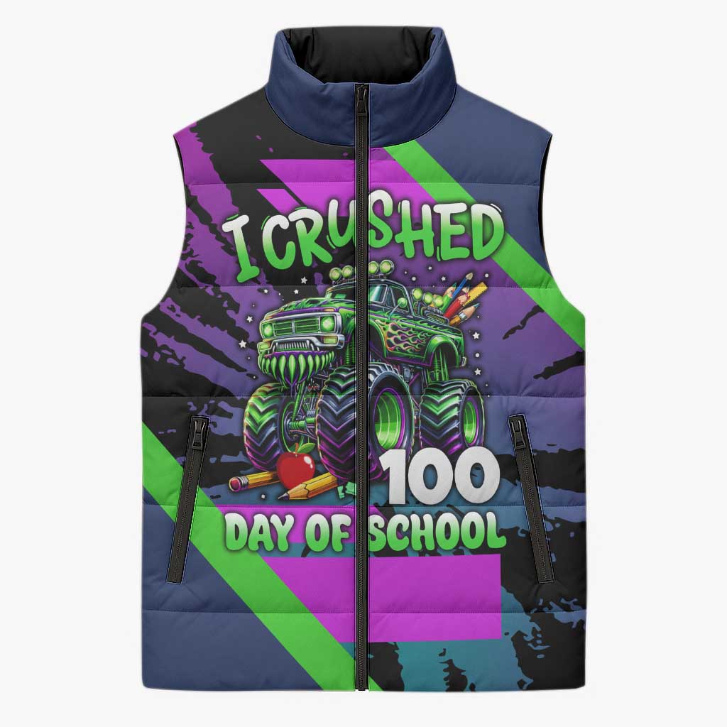 I Crushed 100 Days of School Monster Truck Sleeveless Puffer Jacket 100th Day Boys - Retro Radiant Pattern