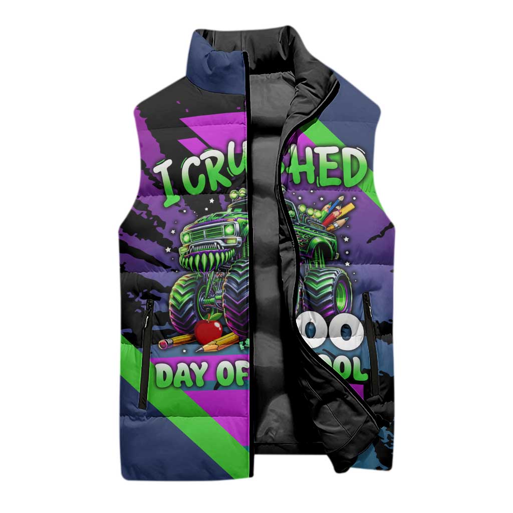 I Crushed 100 Days of School Monster Truck Sleeveless Puffer Jacket 100th Day Boys - Retro Radiant Pattern